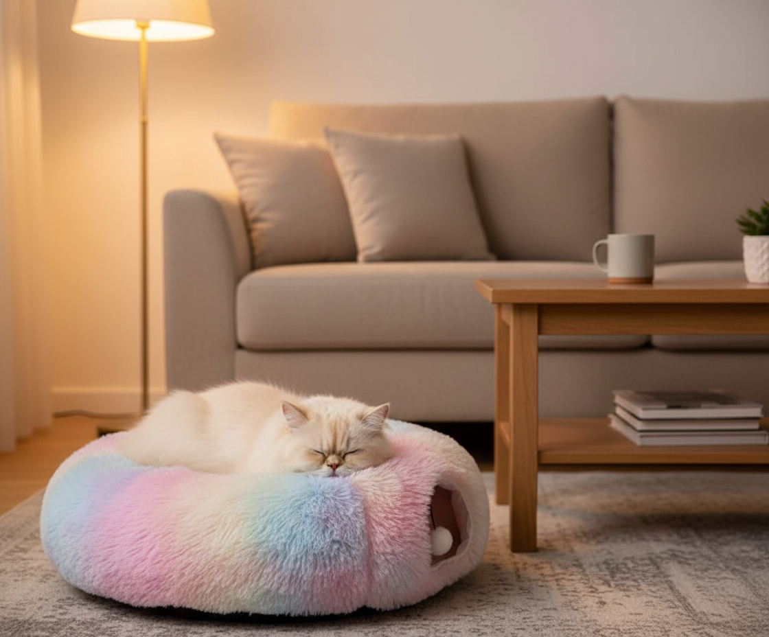 Multifunctional Plush Cat Bed with Tunnel and Peephole