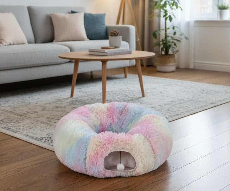 Multifunctional Plush Cat Bed with Tunnel and Peephole