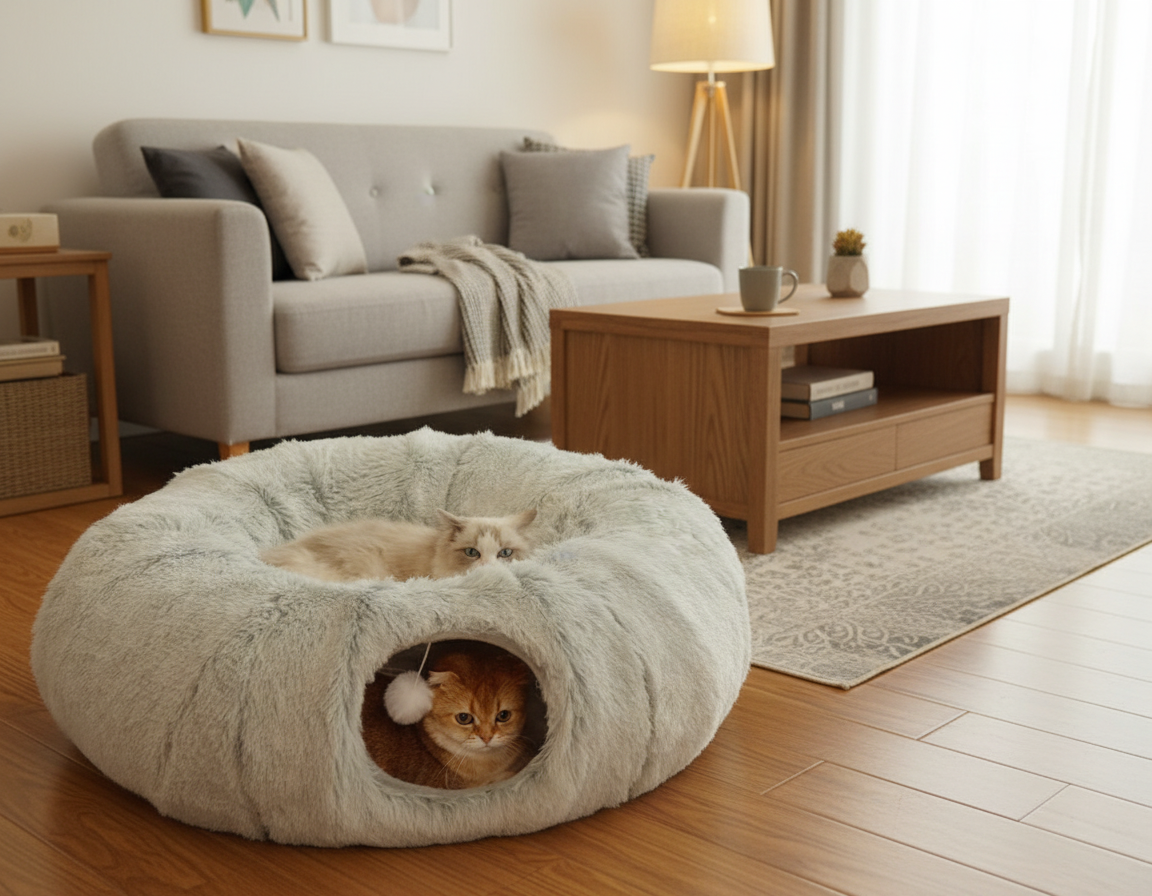 Multifunctional Plush Cat Bed with Tunnel and Peephole